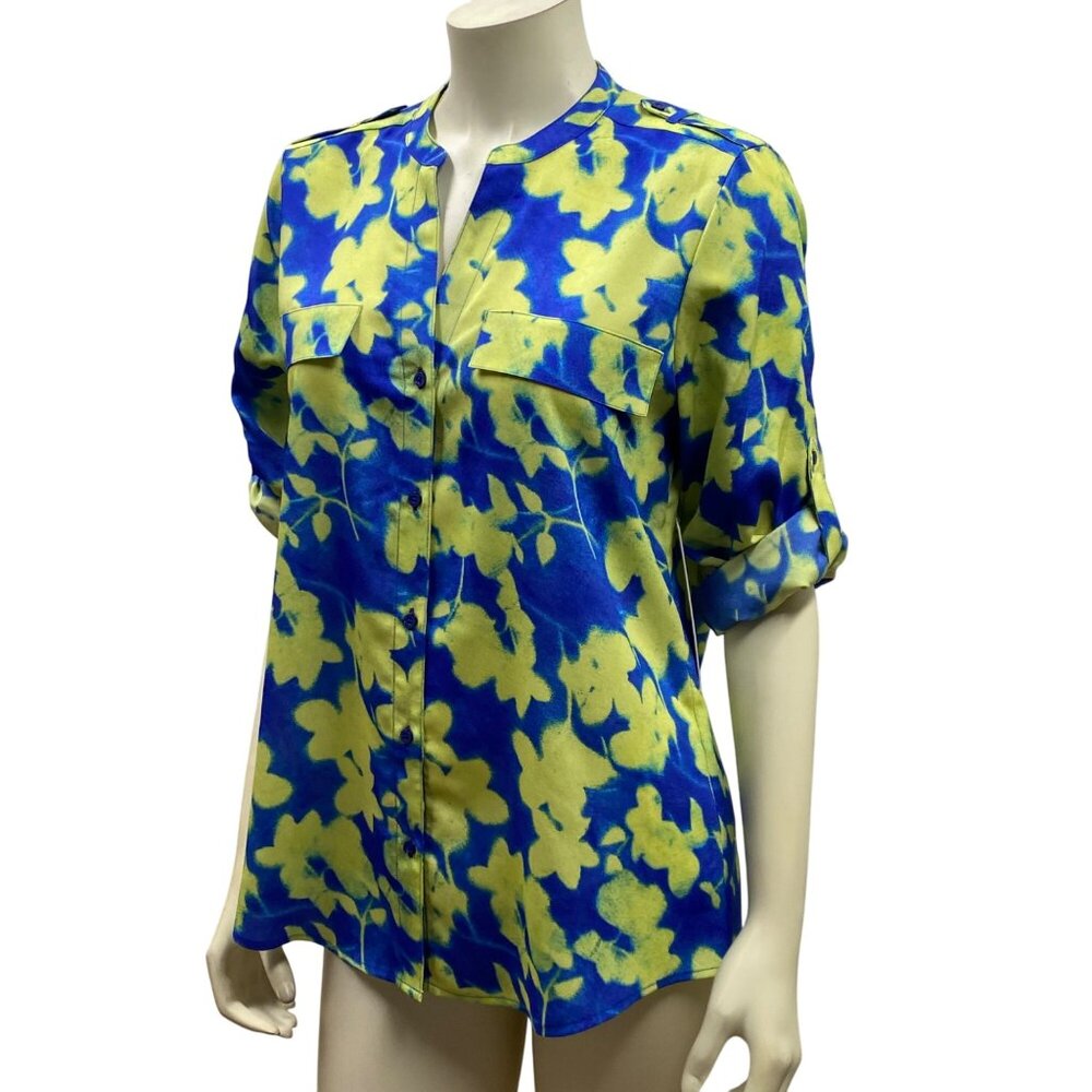 Calvin Klein $74 Women Floral Print Button-Front Blouse Roll-Up Sleeves M NWT - Picture 2 of 8